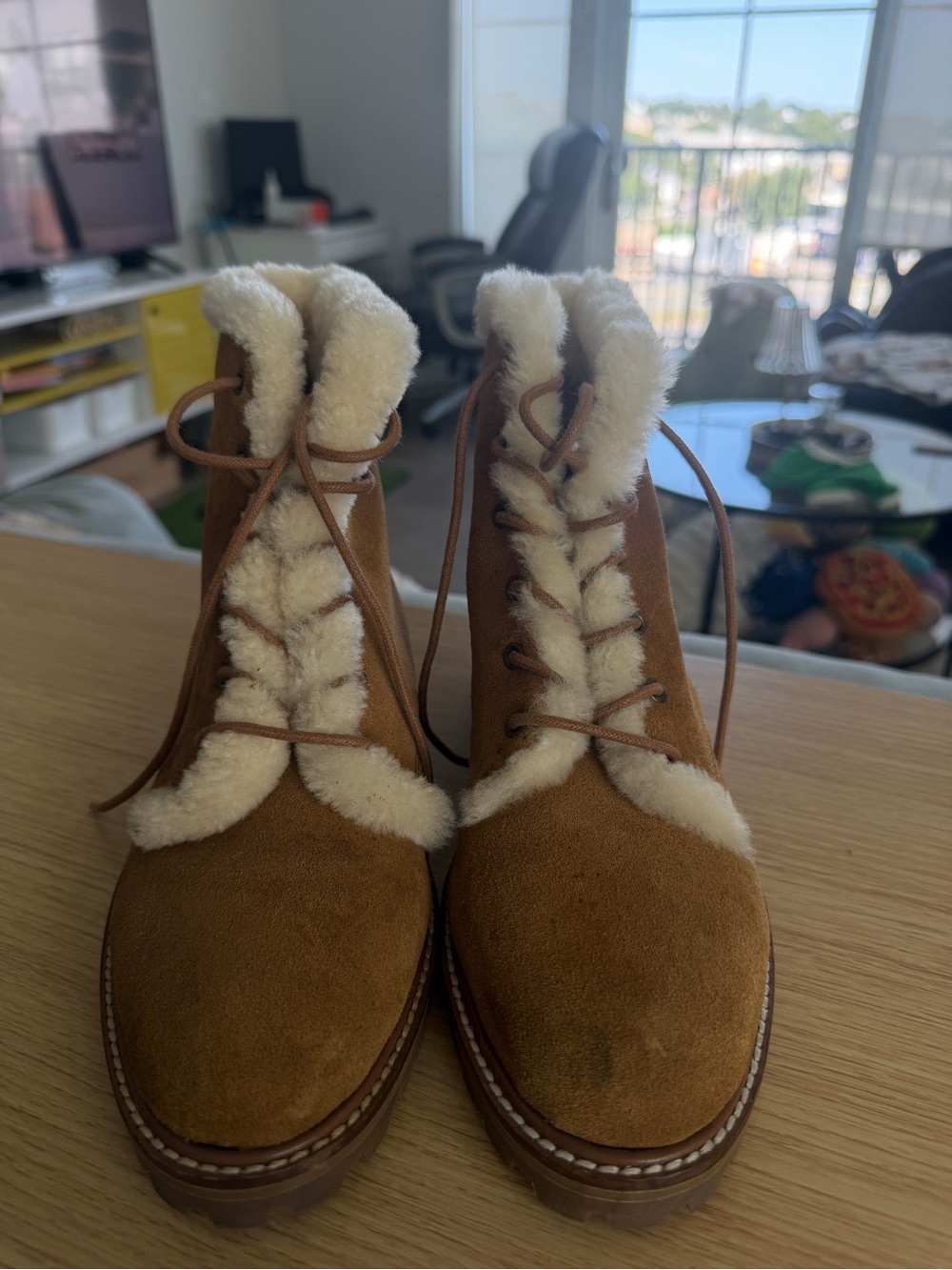 Madewell Suede Lace-Up Ankle Boots with Shearling Trim - Brown & Cream